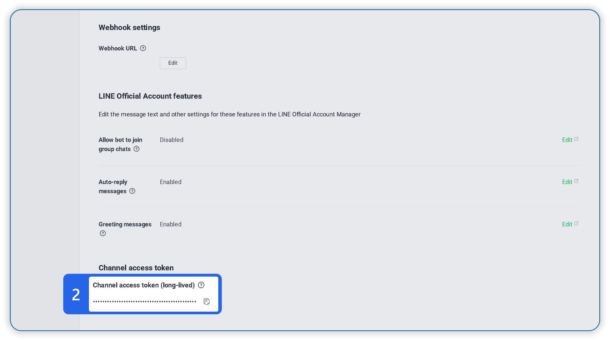 คัดลอก Channel access token (long-lived) ที่ได้