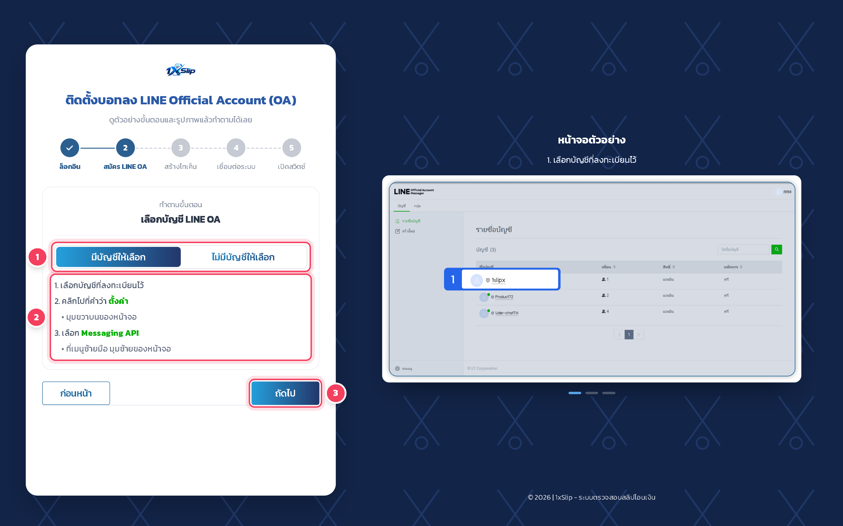 ขั้น สมัคร LINE OA: เลือก มีบัญชีให้เลือก แล้วทำตามขั้นตอนใน LINE Official Account Manager