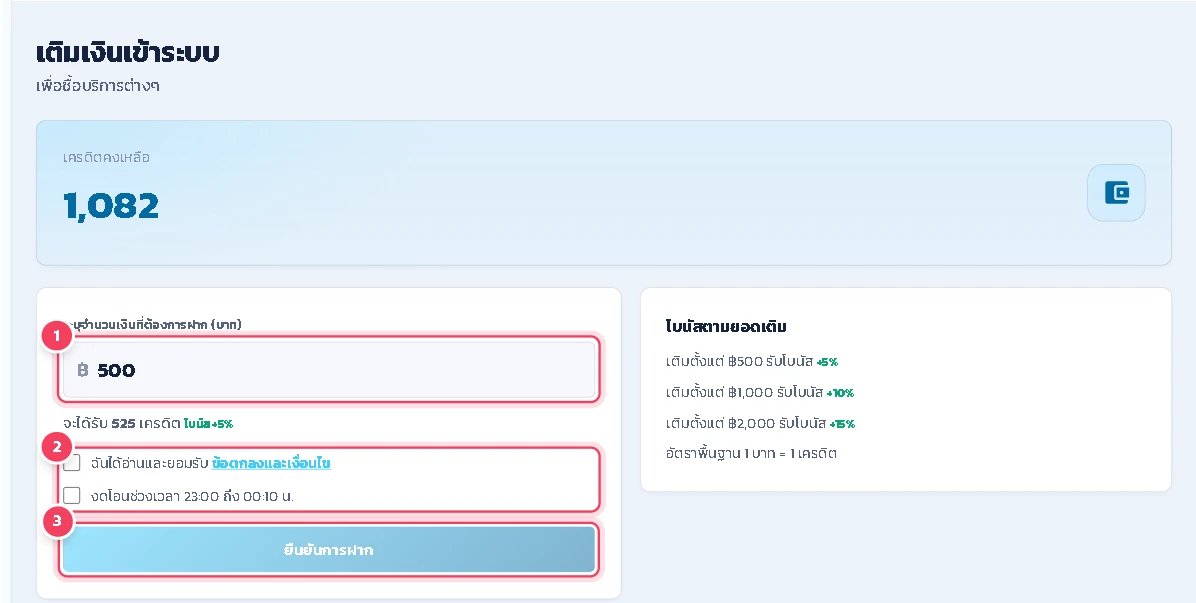กรอกจำนวนเงินที่ต้องการเติม ระบบจะแสดงเครดิตที่จะได้รับพร้อมโบนัสตามยอดเติม ติ๊กยอมรับ ข้อตกลงและเงื่อนไข และช่อง งดโอนช่วงเวลา 23:00 ถึง 00:10 น. แล้วกด ยืนยันการฝาก